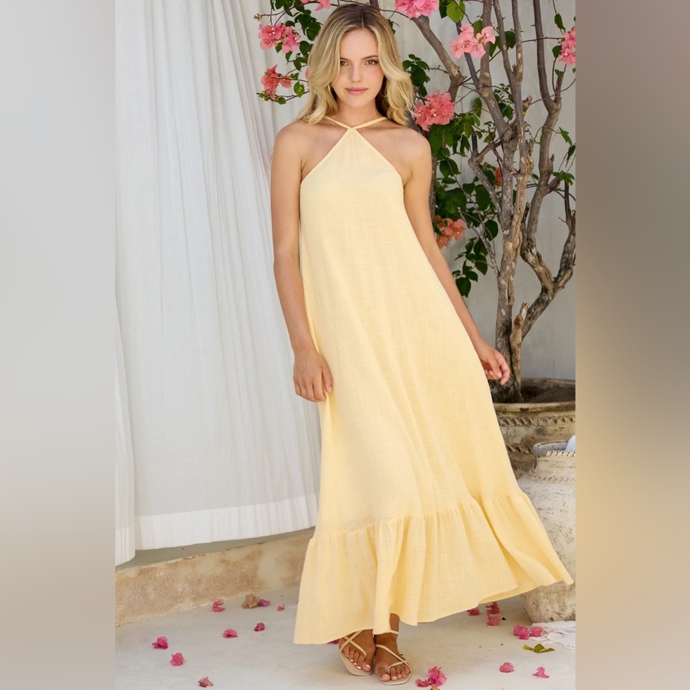 Backless Halter Maxi Dress in Light Yellow